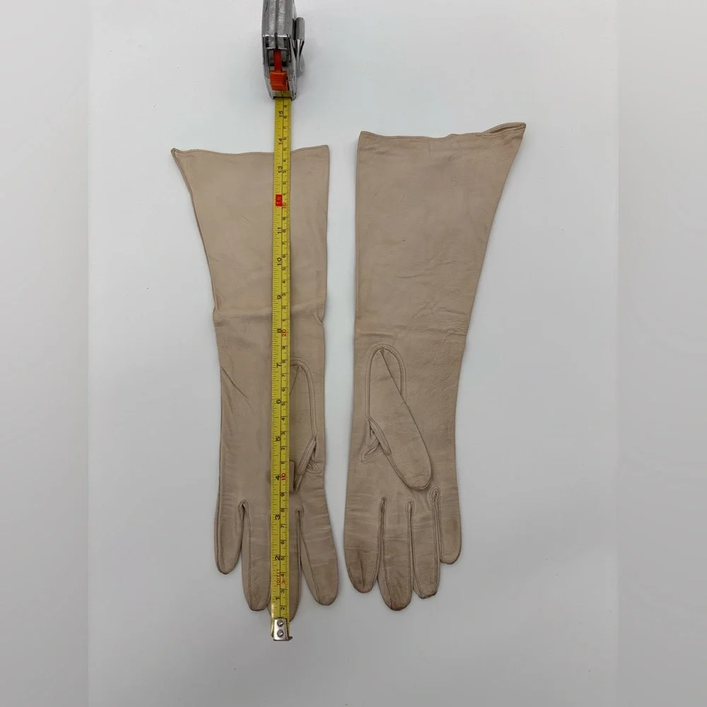 Vintage 1950s Kid Leather Opera Gloves Beige Tan Size 6 Soft Supple Long Gloves